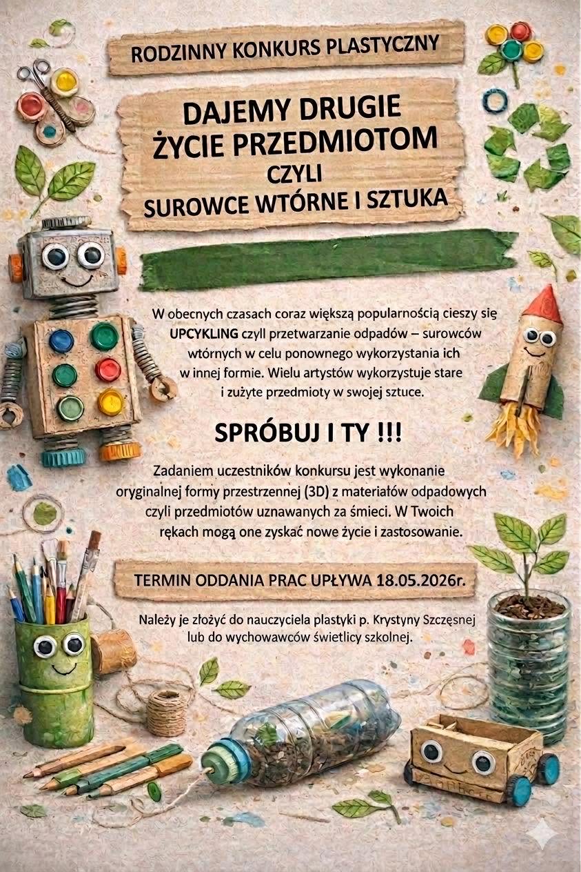 SZKOLNY KONKURS PLASTYCZNY „DAJEMY DRUGIE ŻYCIE PRZEDMIOTOM”