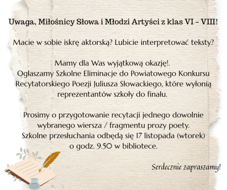 Szkolne Eliminacje do Powiatowego Konkursu Recytatorskiego Poezji Juliusza Słowackiego